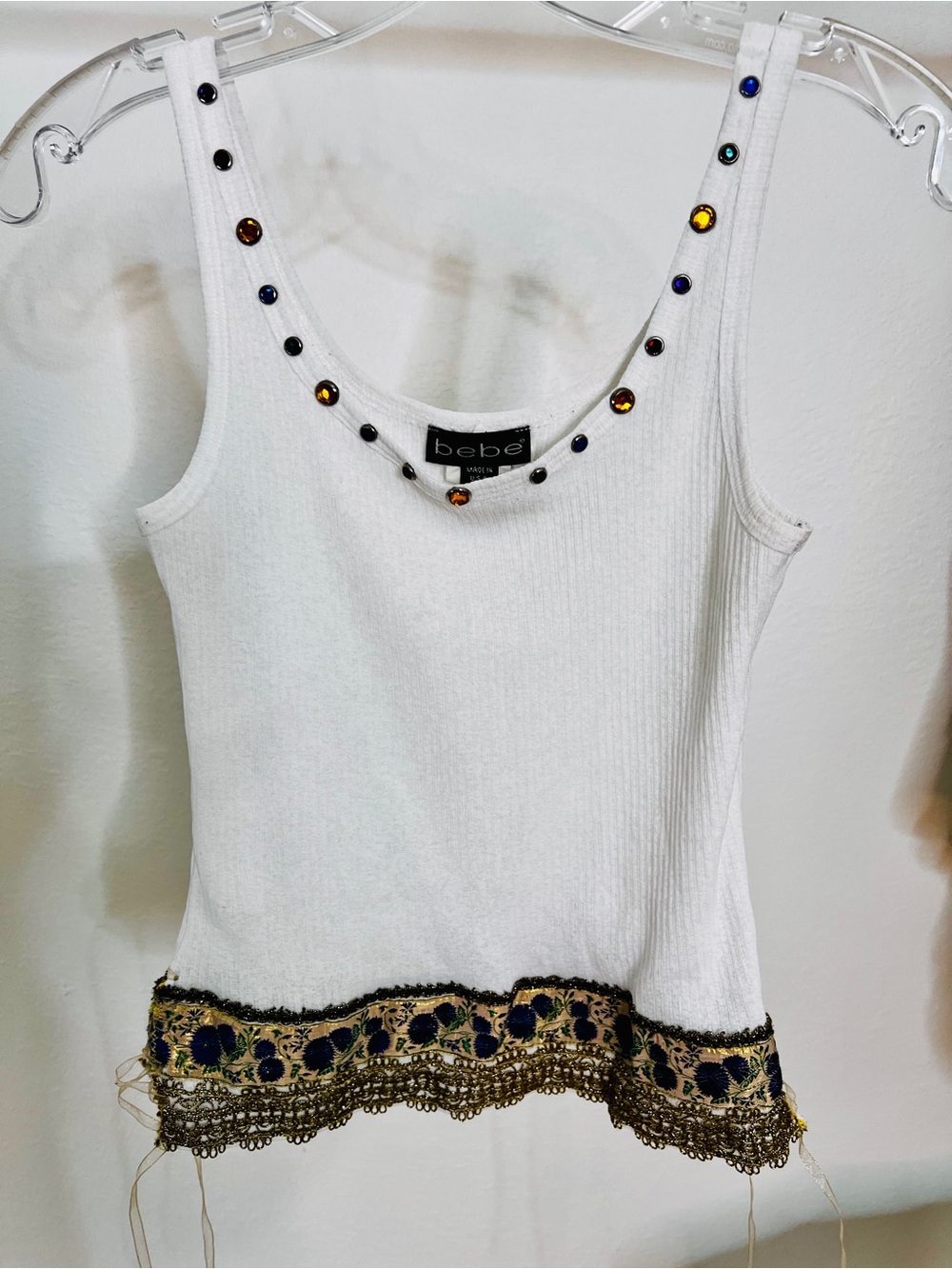 bebe White Tank with Multicolor Rhinestones and Gold Beaded Hem